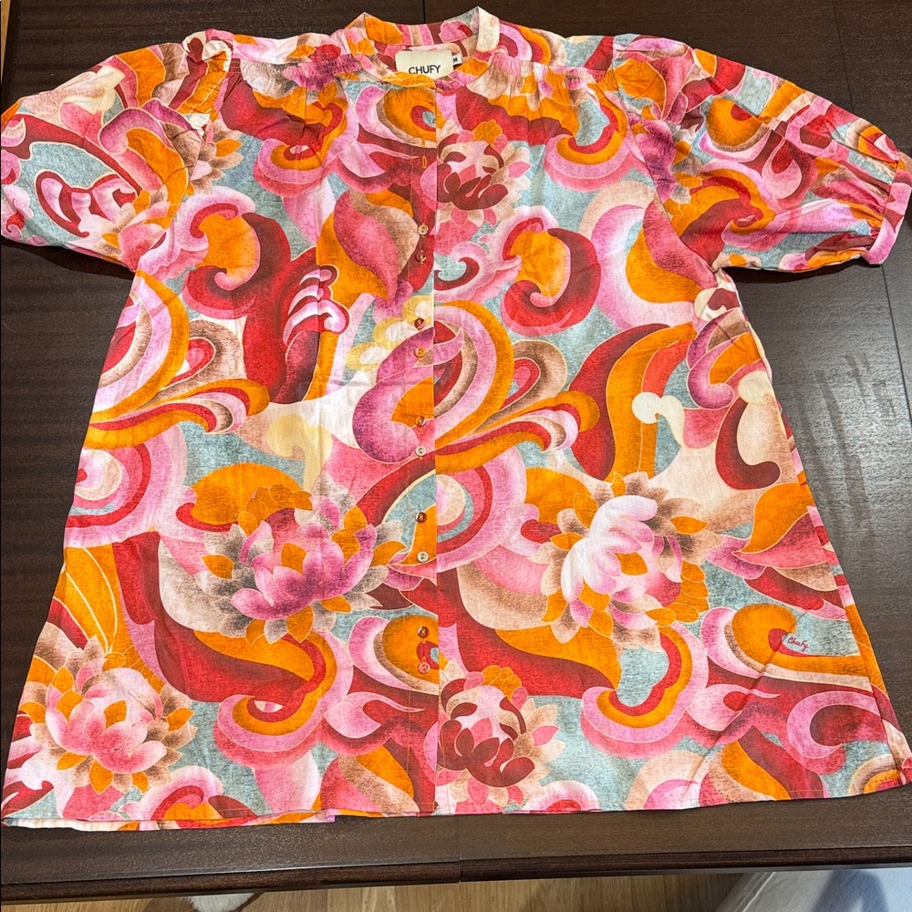 CHUFY Kathmandu Organic Cotton Pink and Orange Tunic Dress Sz M